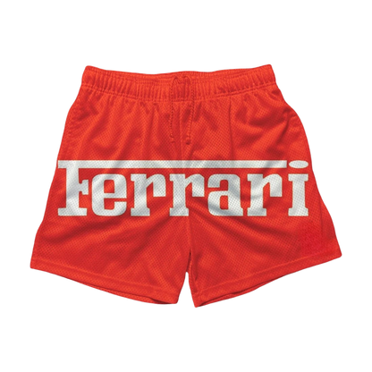 a red shorts with the word ferrari printed on it
