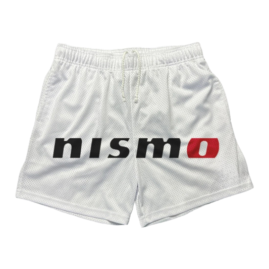 a white shorts with a black and red logo