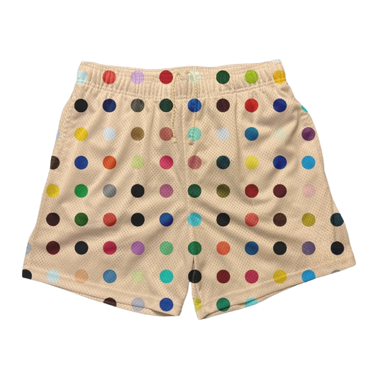 a white shorts with multicolored polka dots on it