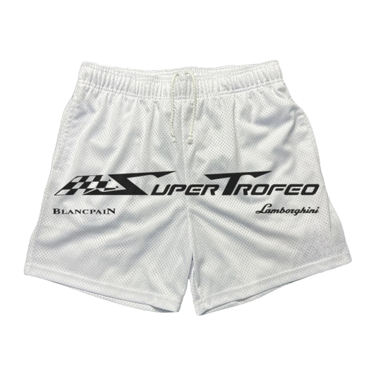a white shorts with a black and white logo