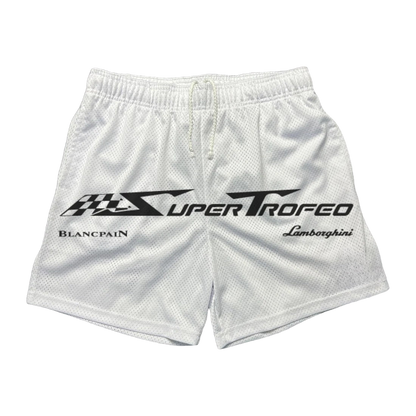 a white shorts with a black and white logo