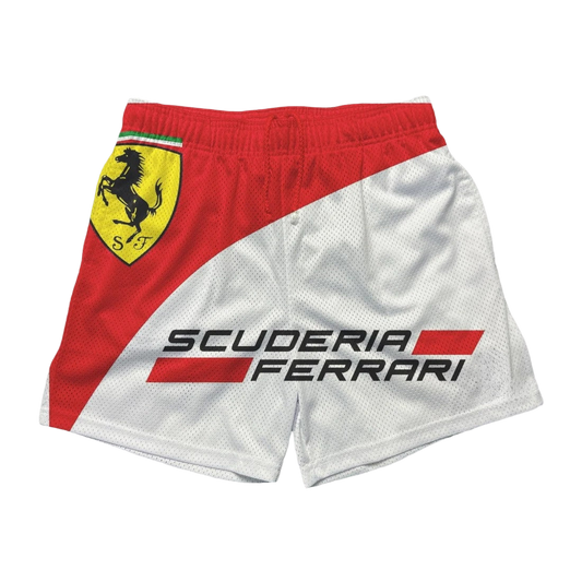 a red and white shorts with a ferrari logo