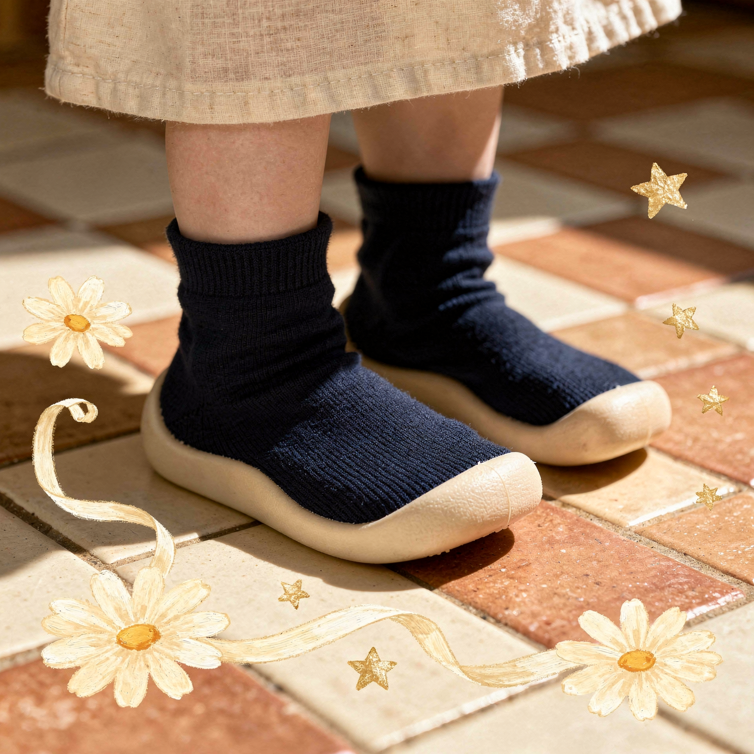 HOPPI sock-shoes on kitchen tile